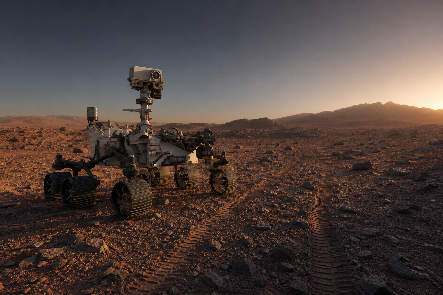 Robotic planetary rover exploring a rocky world at sunrise