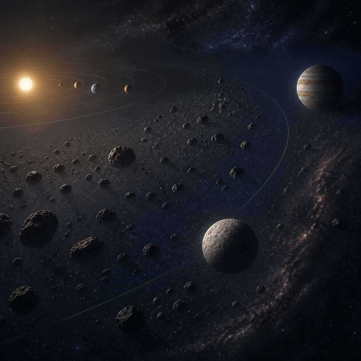 The asteroid belt between the inner planets and Jupiter