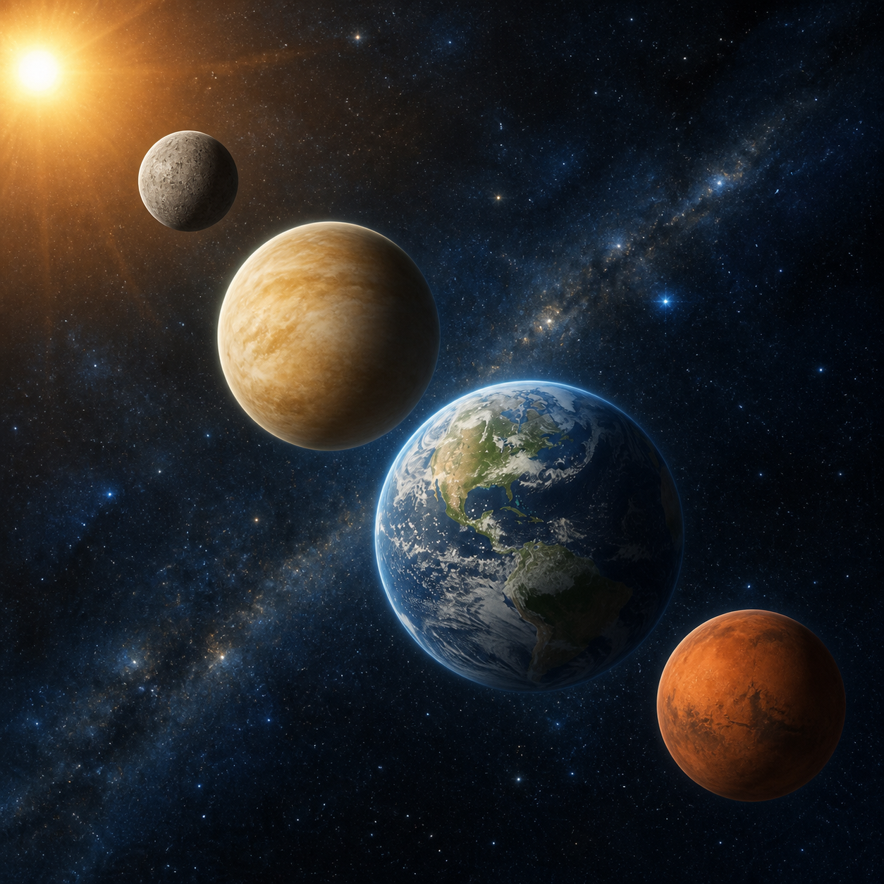Mercury, Venus, Earth and Mars in the inner Solar System