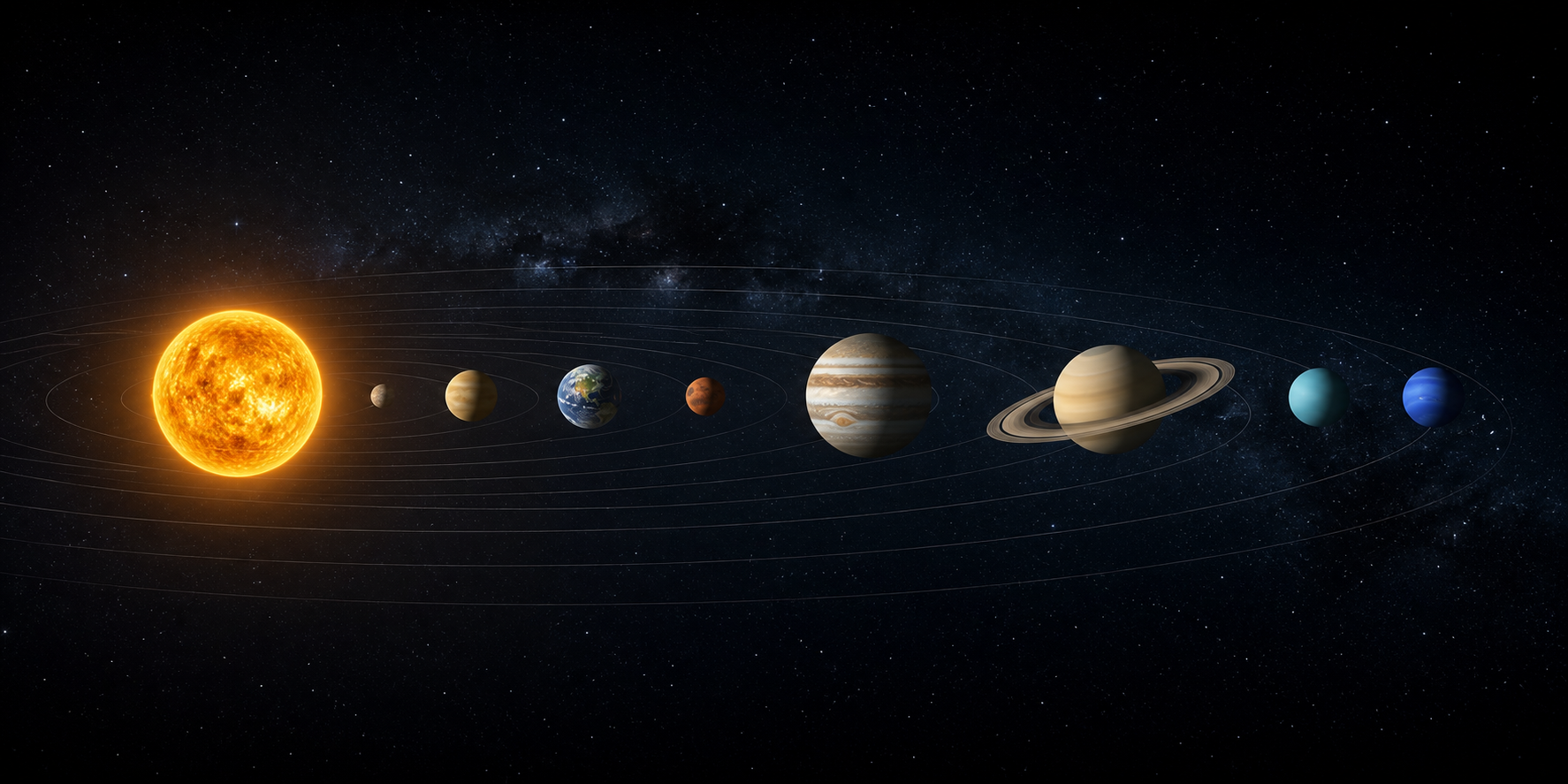 The complete Solar System with the Sun, Mercury, Venus, Earth, Mars, Jupiter, Saturn, Uranus and Neptune