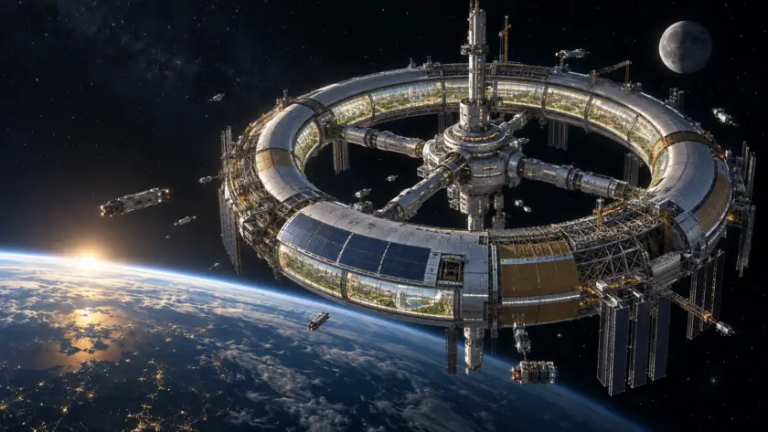 A vast rotating torus habitat under construction above Earth