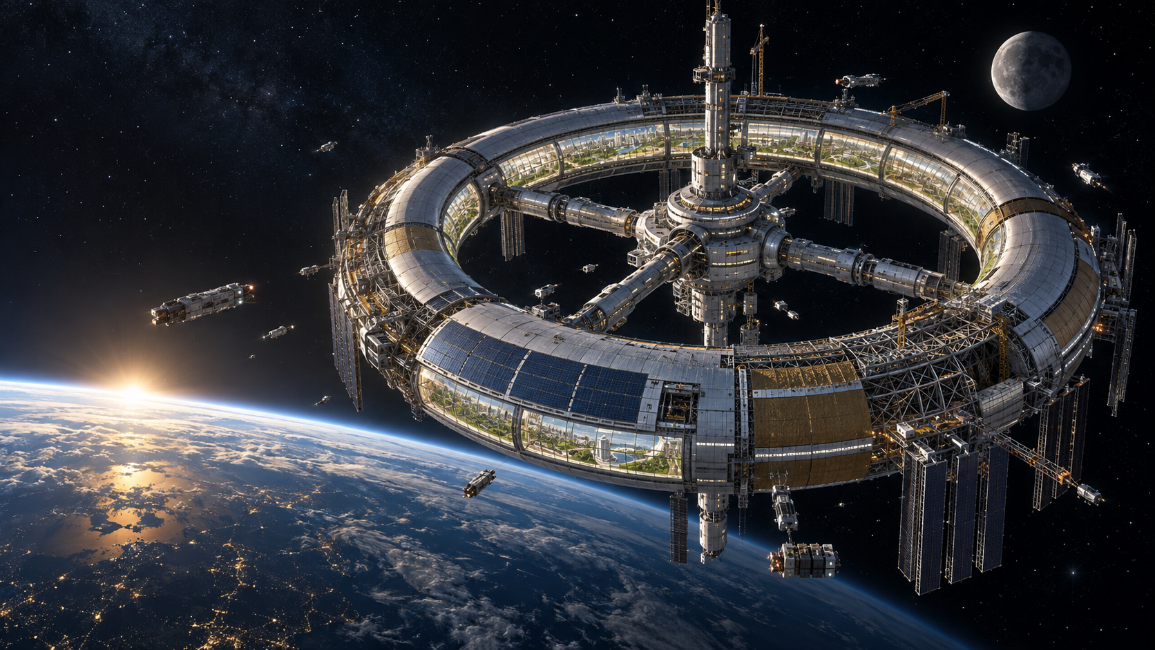 A vast rotating torus habitat under construction above Earth