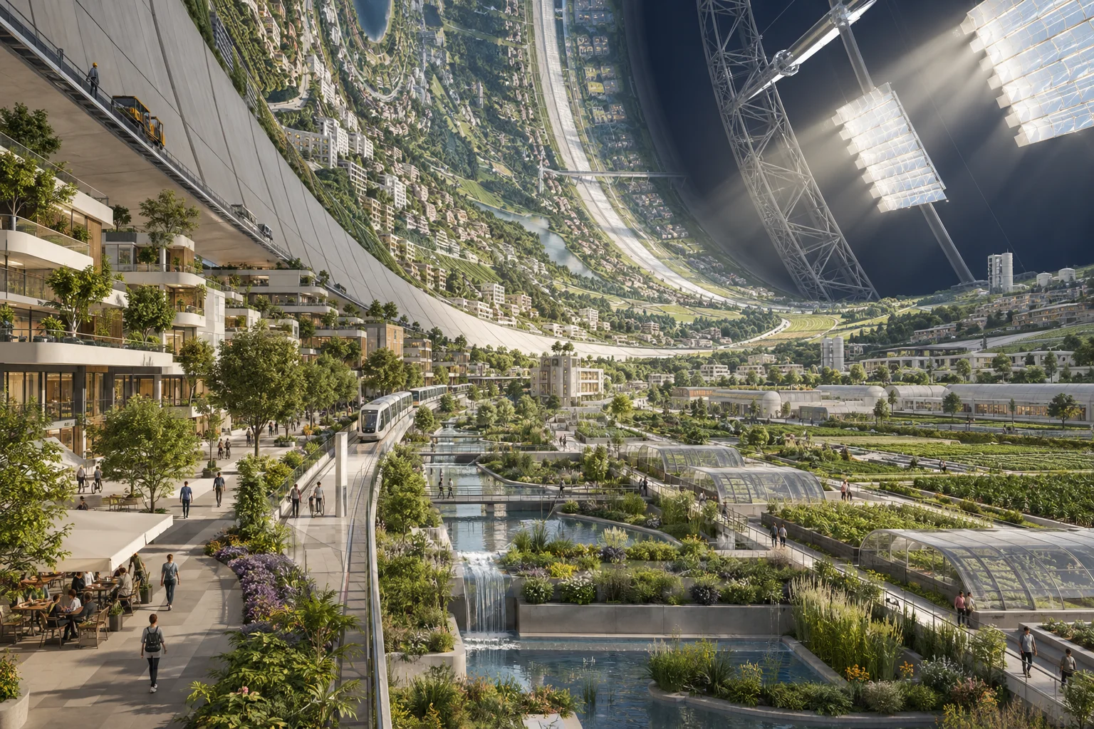 Green residential district inside a rotating orbital habitat
